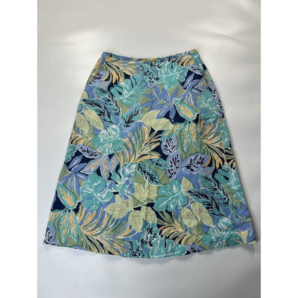 Vintage Talbots Skirt Women's 8 Tropical Floral A-line Blue Tencel Linen Blend